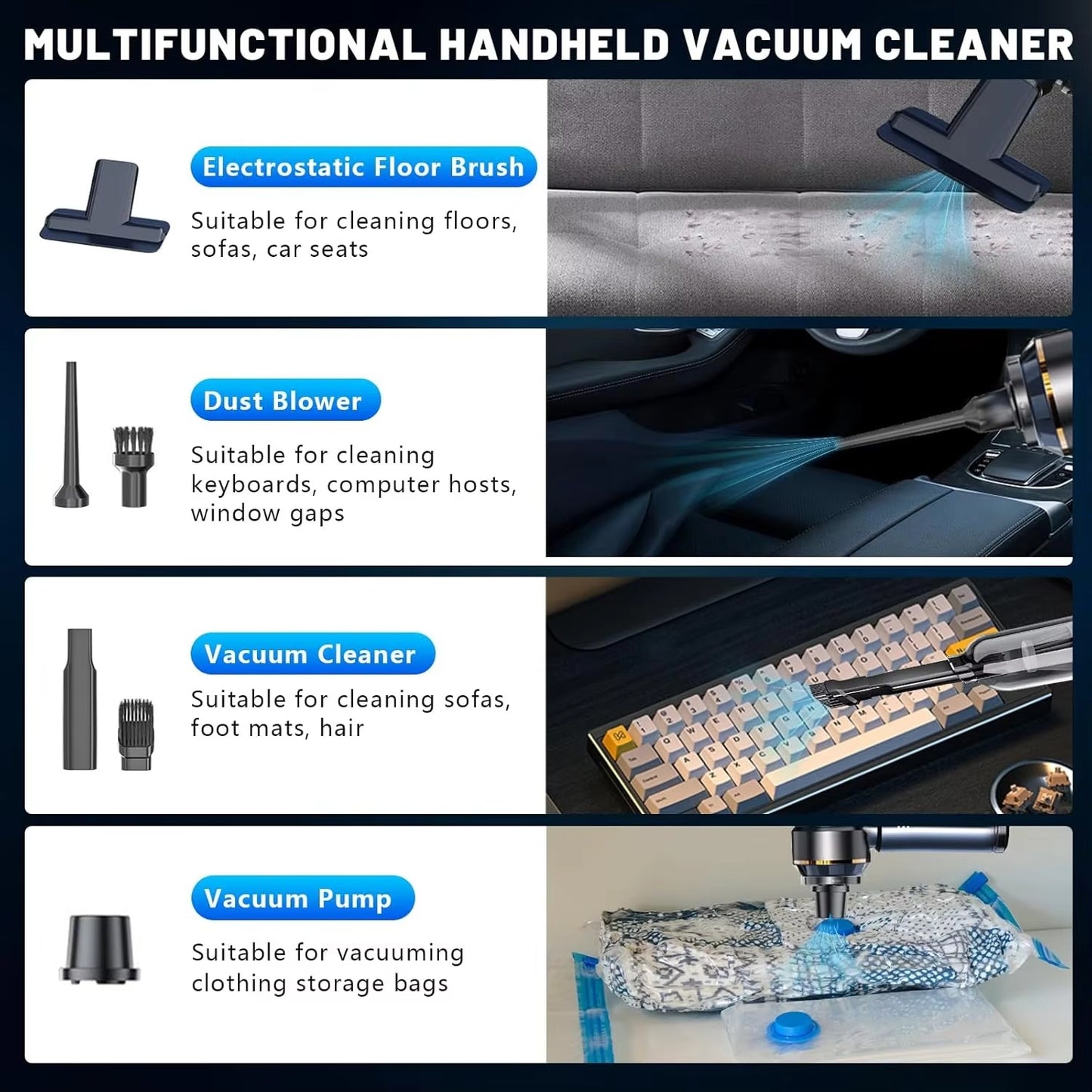 VT697 High Power 16000Pa Advanced Clean Cordless Handheld Vacuum Air Duster Portable Rechargeable Car Vacuum Cleaner with LED Display